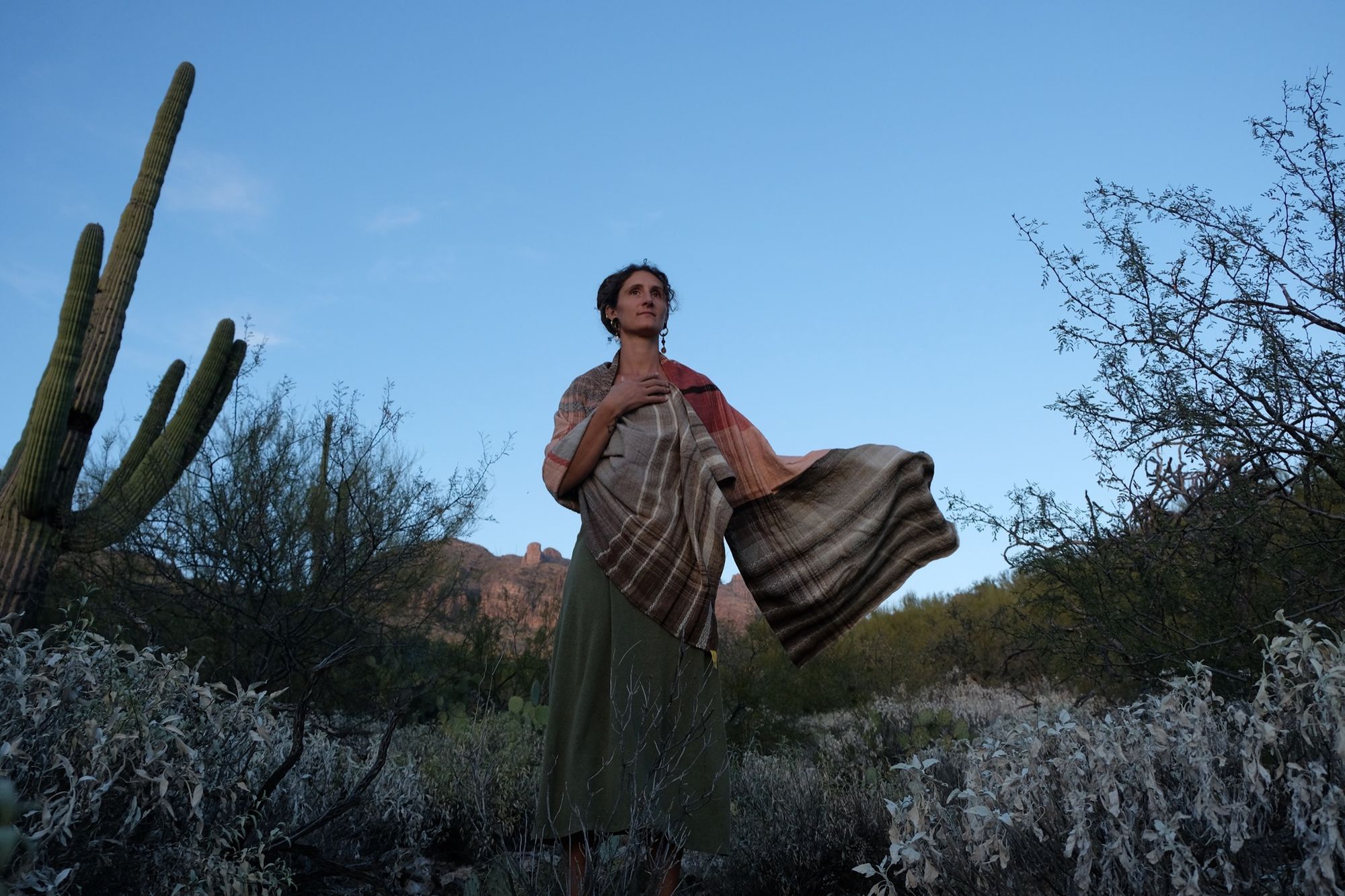 Woman in a green dress wearing a brown and salmon shawl in the desert with mountains and cactus in the background. 