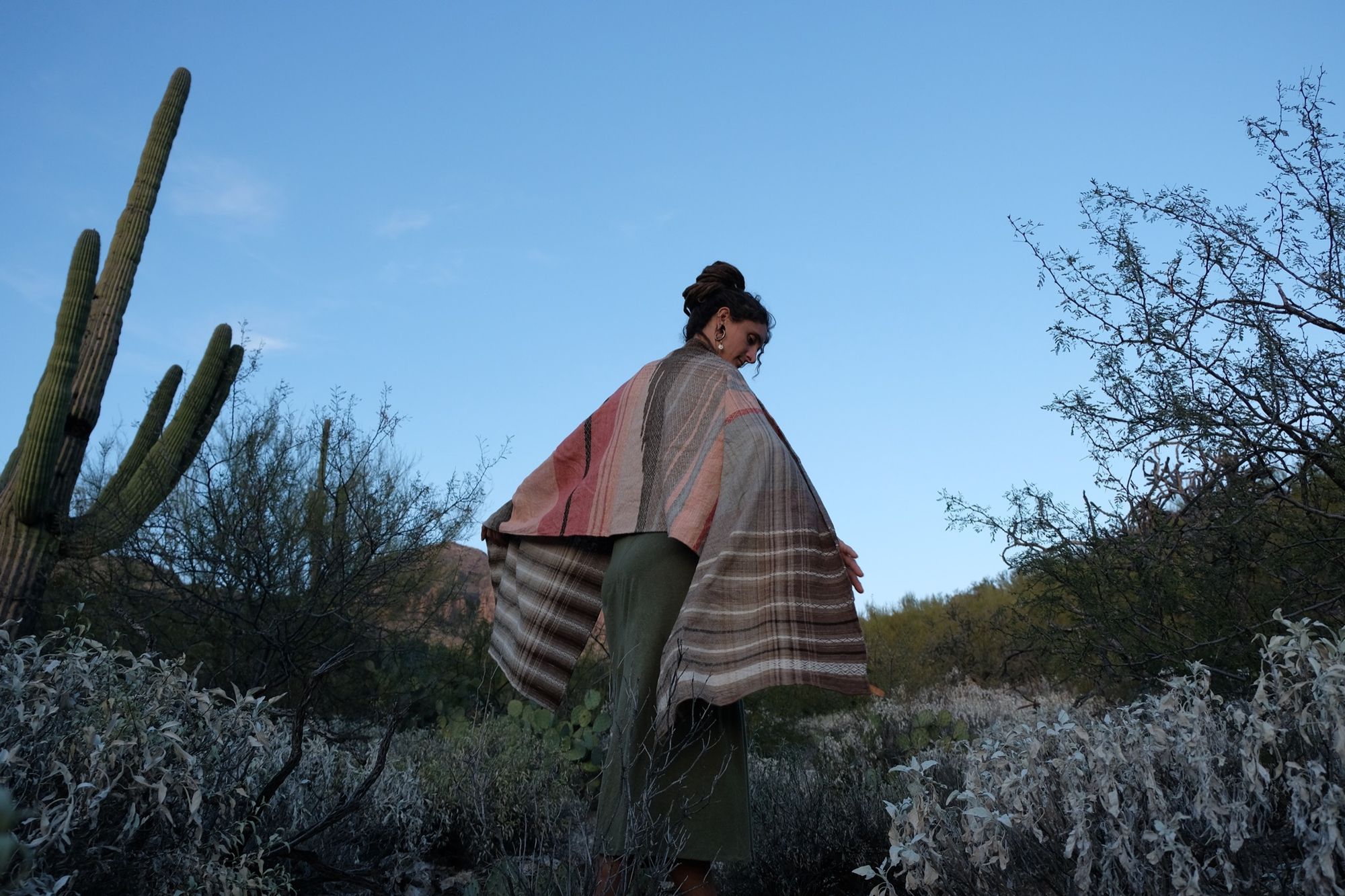 Woman in a green dress wearing a brown and salmon shawl in the desert with mountains and cactus in the background. 
