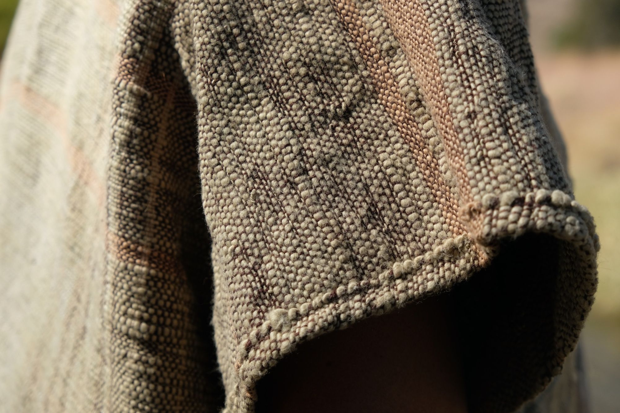 detail of woman wearing tan and dark brown Handspun handwoven Colorgrown Cotton Box Top 