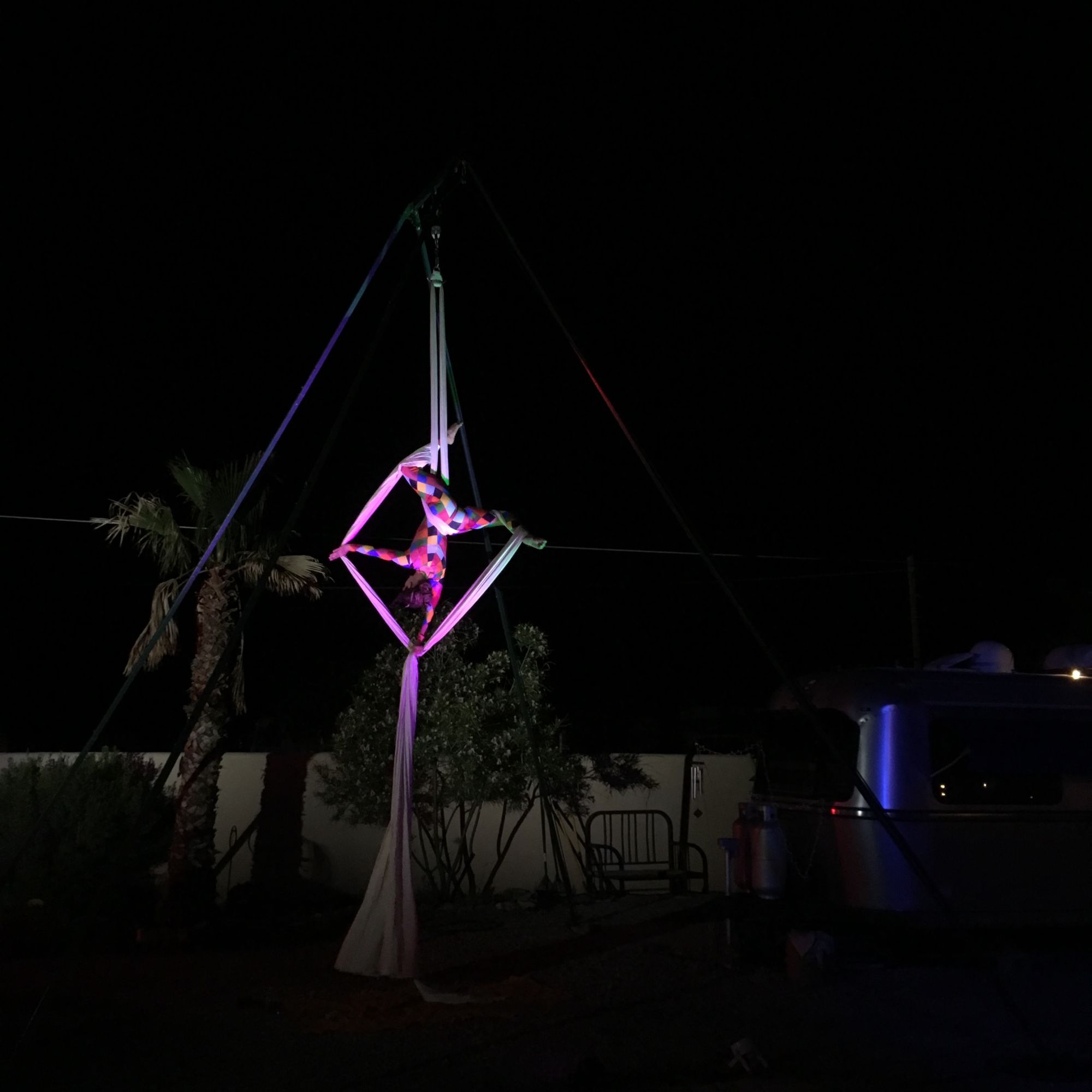 Woman wearing multicolored harlequin costume doing aerial acrobatics at night with an airstream trailer and palm tree in the background 