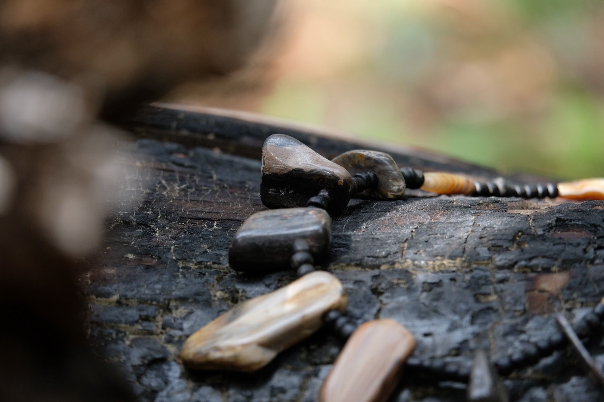 Detail of necklace with petrified wood and black beads sitting on a burned log