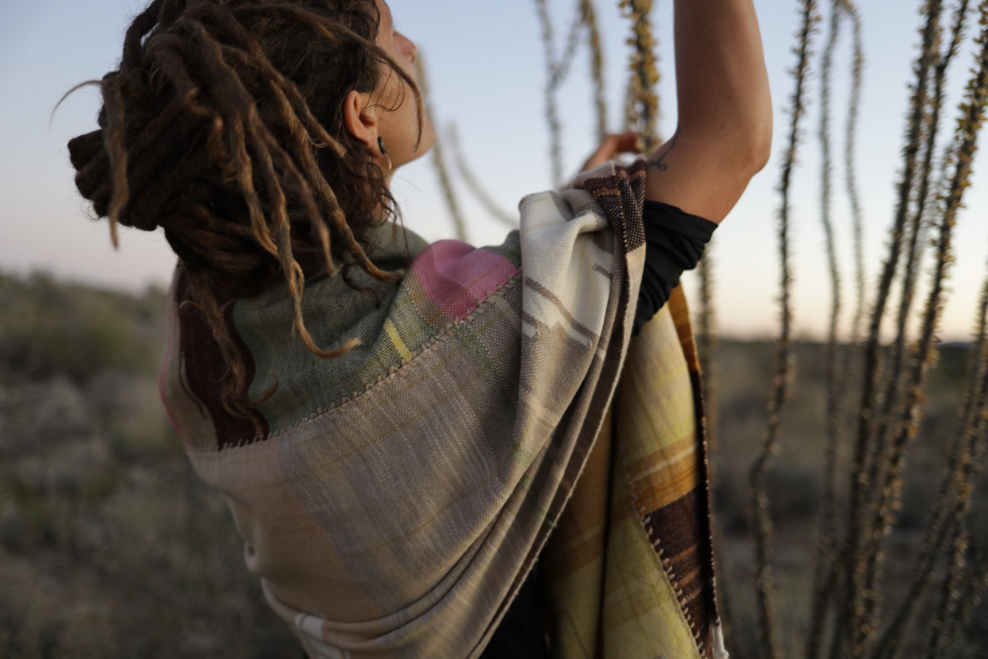 Woman facing away from the camera at sunset wearing green, grey, brown, yellow and pink blanket while touching an ocotillo.