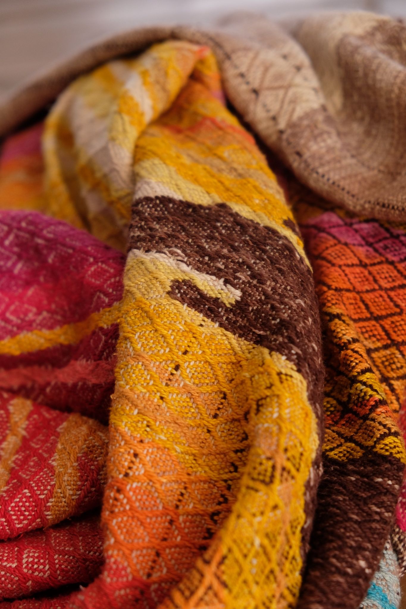 Handwoven, highly textures Diamond pattern fabric in every color of the rainbow, with natural browns and tans
