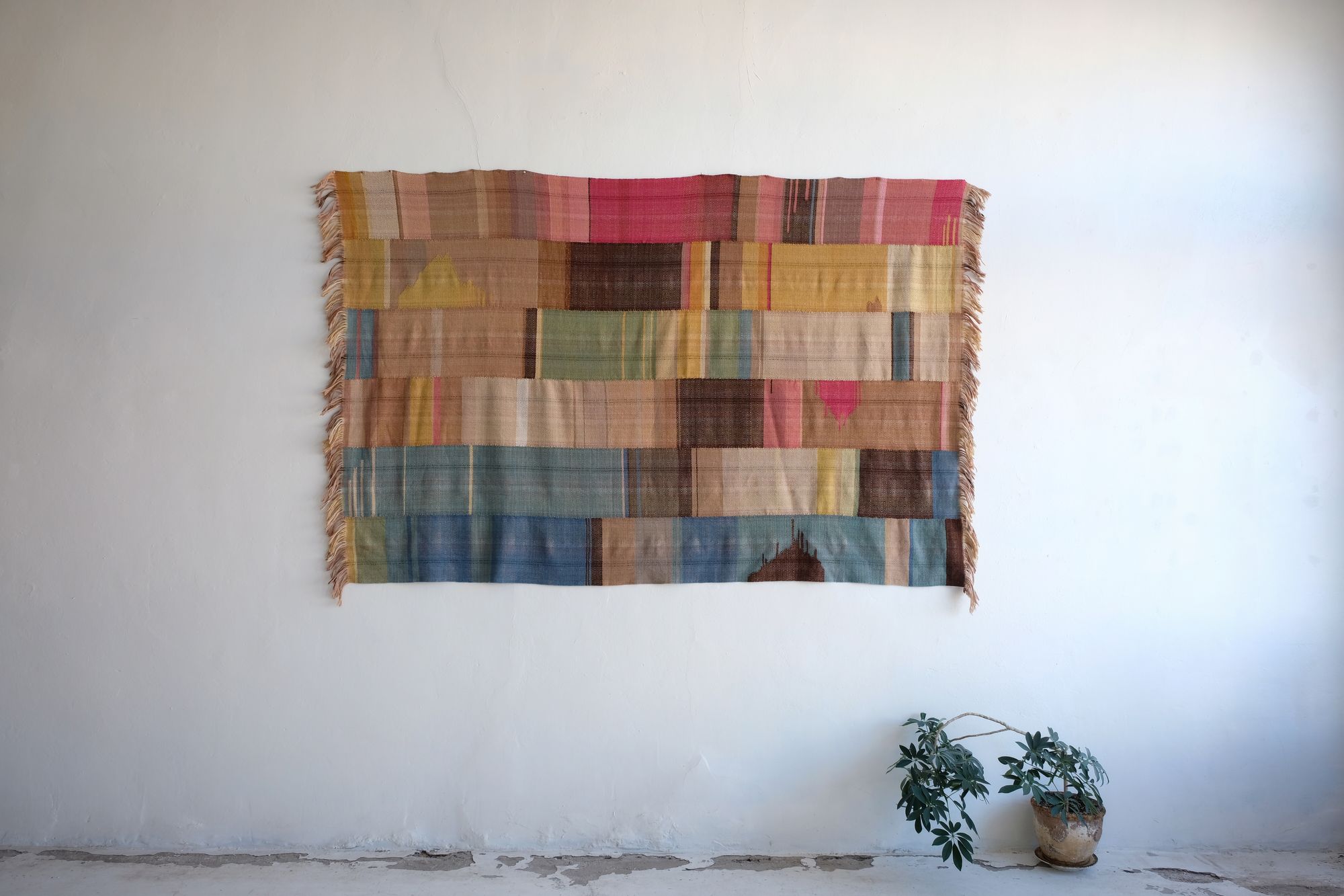 A brown, pink, yellow, blue, green, tan and purple woolen blanket with a diamond pattern hanging on a white wall with a potted plant below.