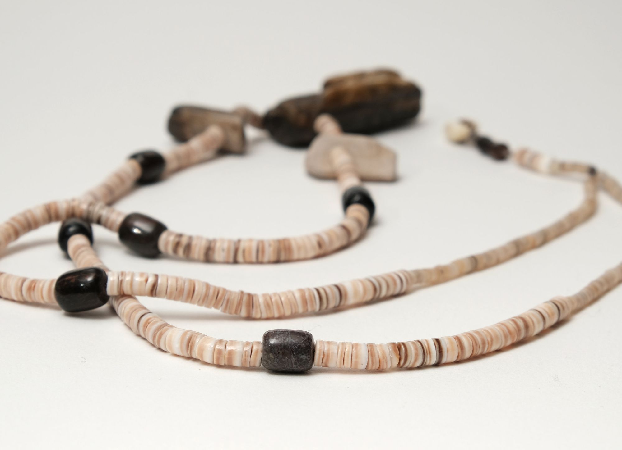 tan and brown shell, black fossil and earth tone petrified wood necklace laying on a white backdrop 