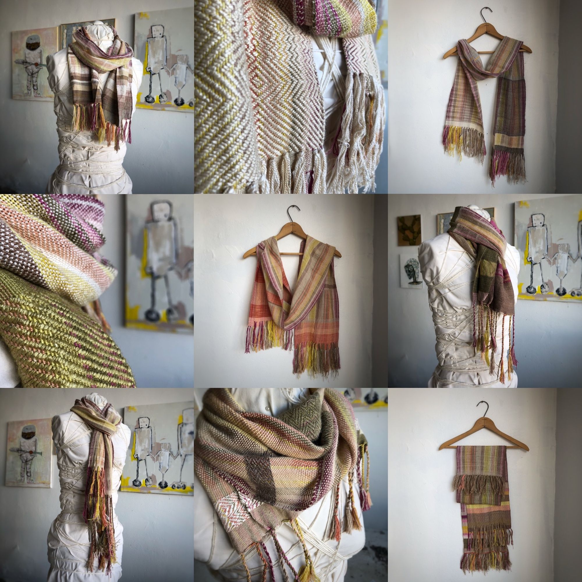 collage of naturally colored scarf on a white mannequin in a gallery with paintings in the background