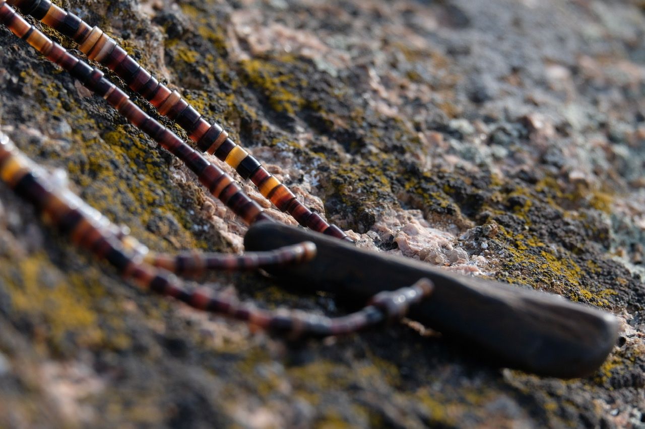 A necklace of dark brown petrified wood with white, gold, tan and brown shell beads lays on a lichen covered rock