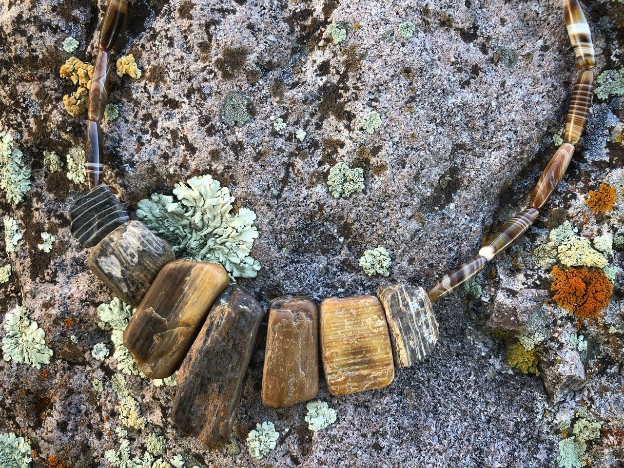 A petrified wood and brown banded agate necklace rests on a lichen covered Boulder