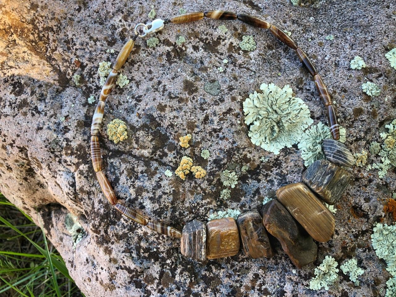 A petrified wood and brown banded agate necklace rests on a lichen covered Boulder