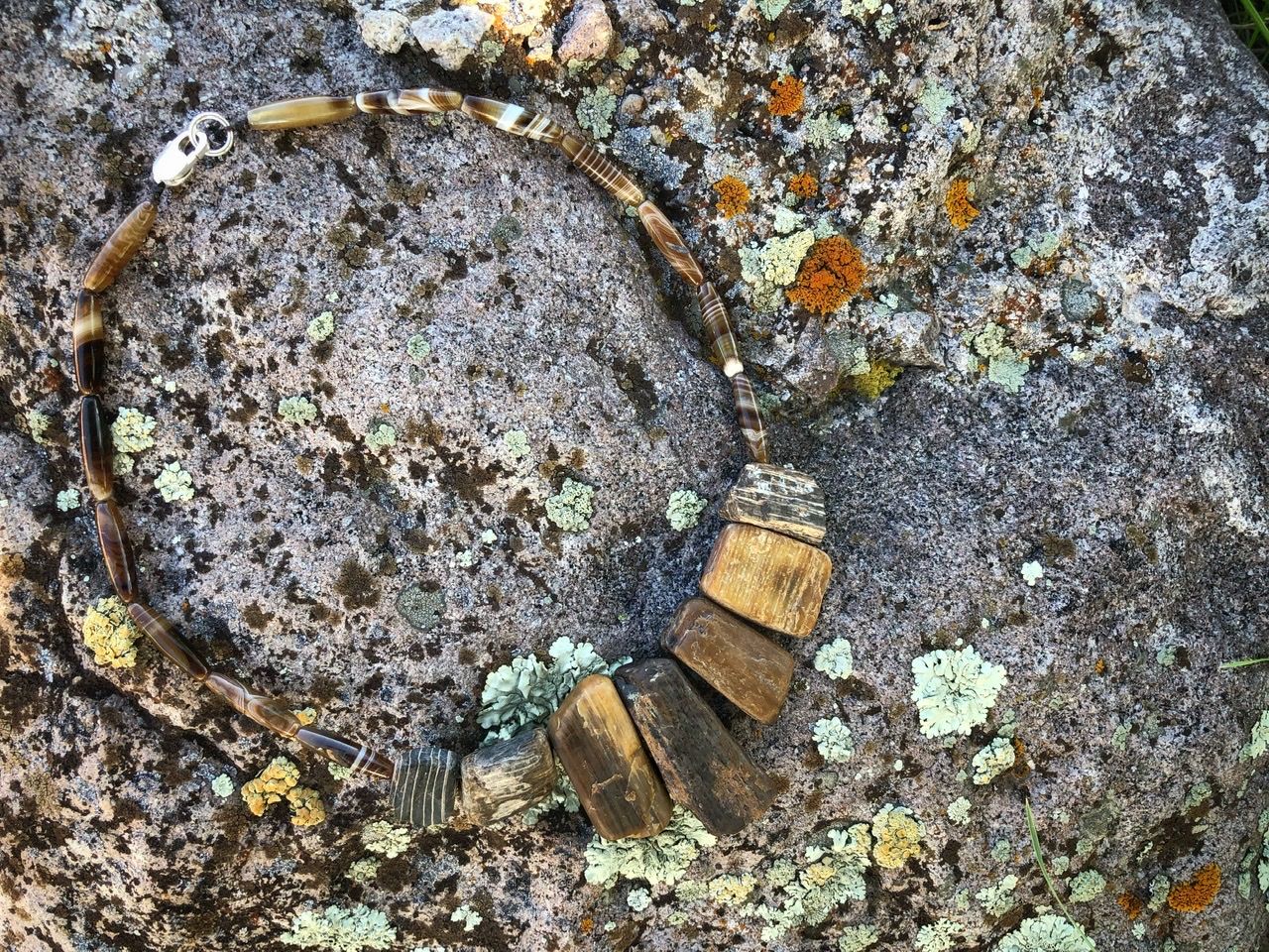 A petrified wood and brown banded agate necklace rests on a lichen covered Boulder