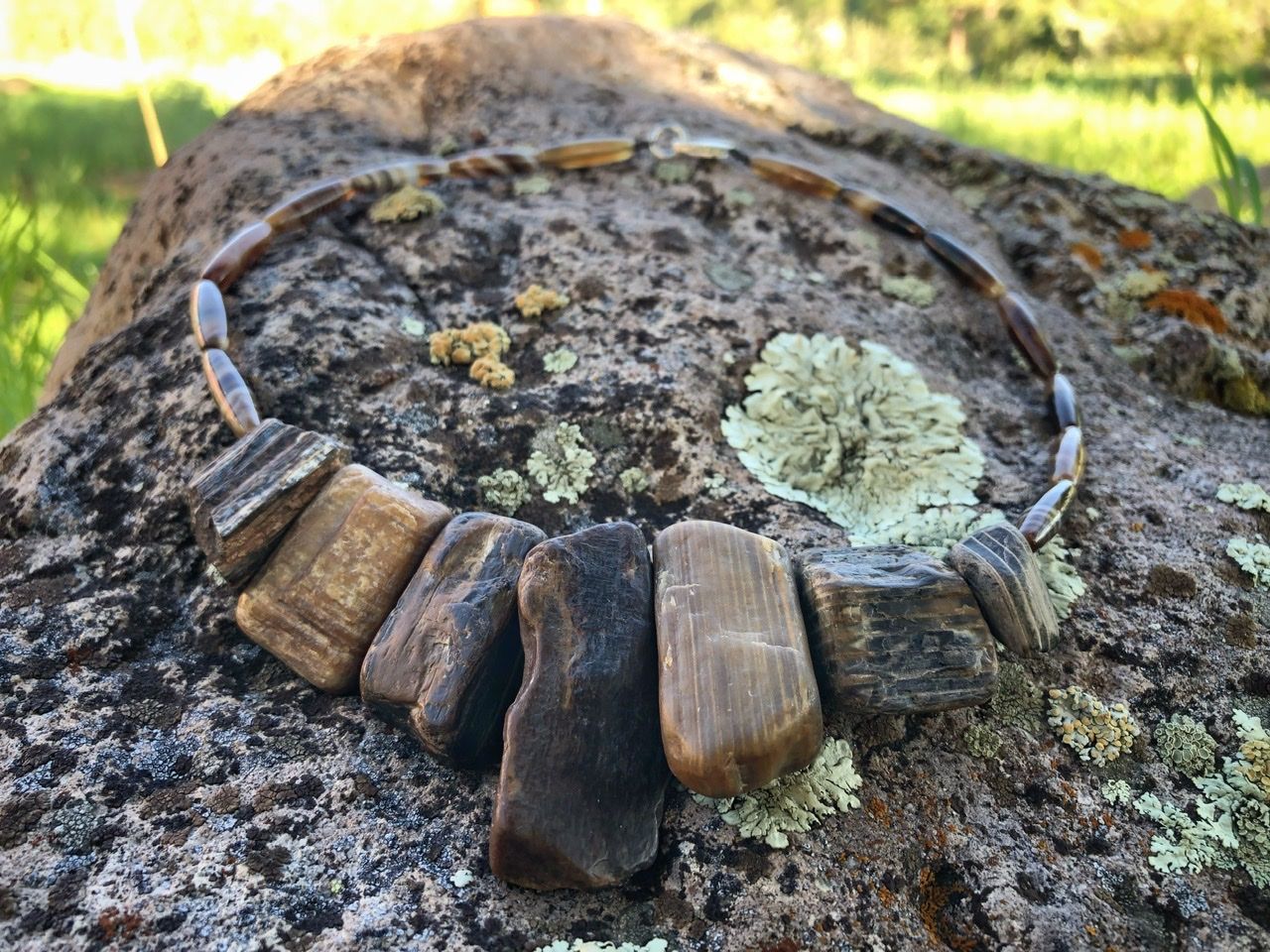 A petrified wood and brown banded agate necklace rests on a lichen covered Boulder