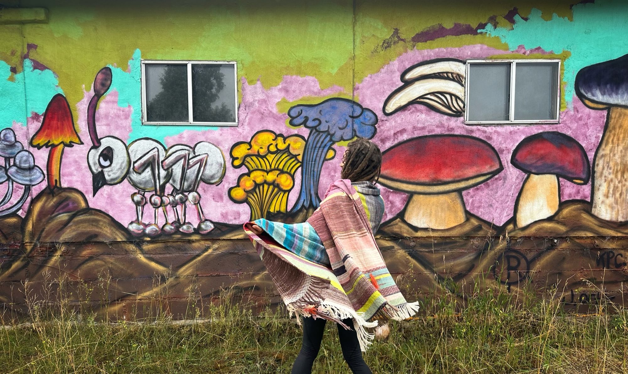 A woman wearing a raw silk handwoven fabric in a rainbow of hand dyed colors with circular moon-like details against a mural of mushrooms