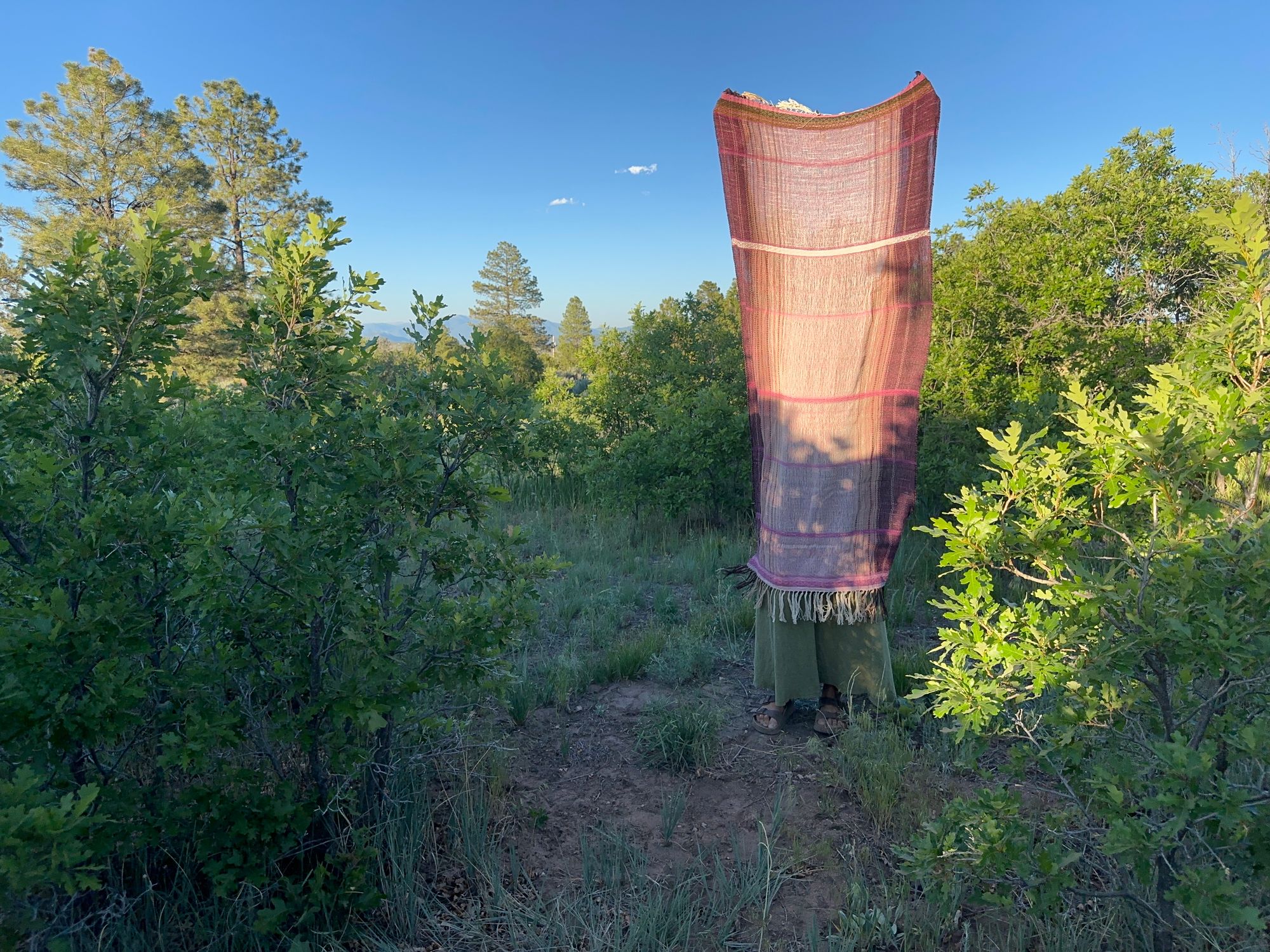 A woman in a brown shirt and green skirt wears a handwoven Naturally dyed pink shawl in the forest