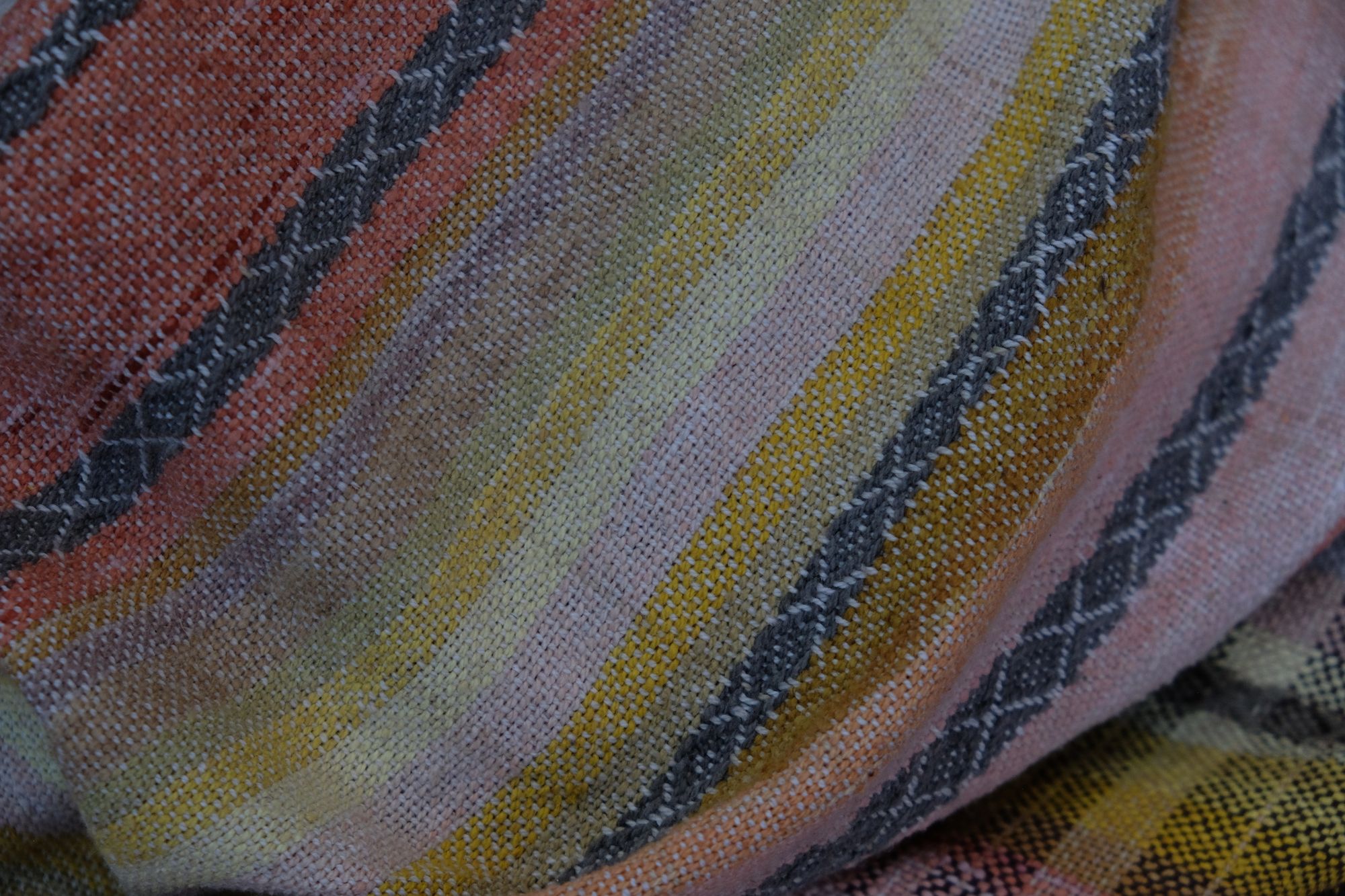 Details of a handwoven shawl in soft but brilliant naturally dyed shades of gray, yellow, pink, salmon, orange, green and purple. The shawl is designed with small stripes of all these colors, and pattern-texture woven details, also of tiny stripes