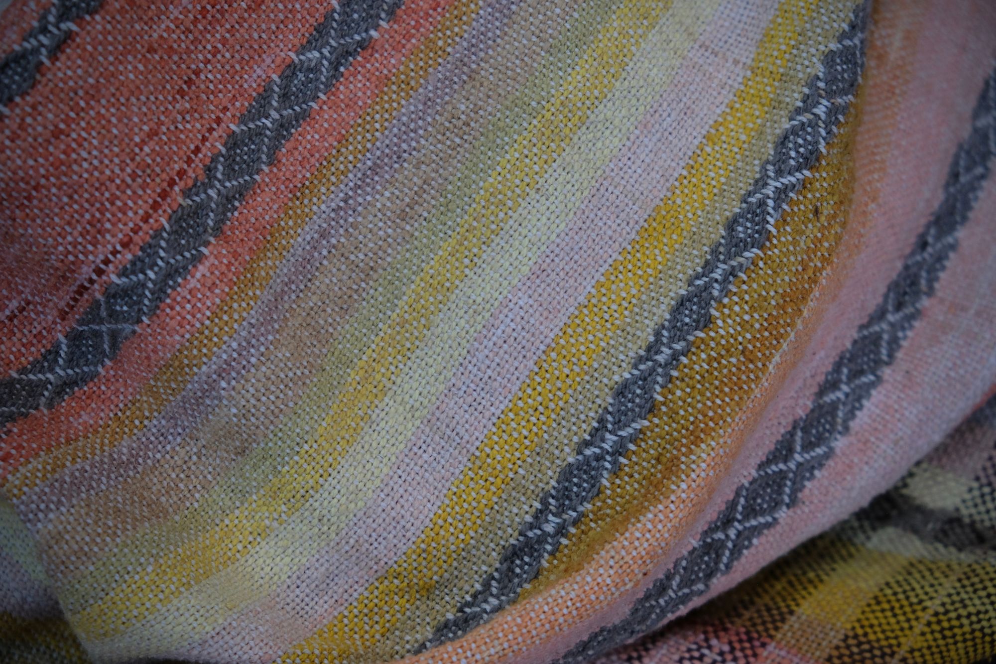 Details of a handwoven shawl in soft but brilliant naturally dyed shades of gray, yellow, pink, salmon, orange, green and purple. The shawl is designed with small stripes of all these colors, and pattern-texture woven details, also of tiny stripes