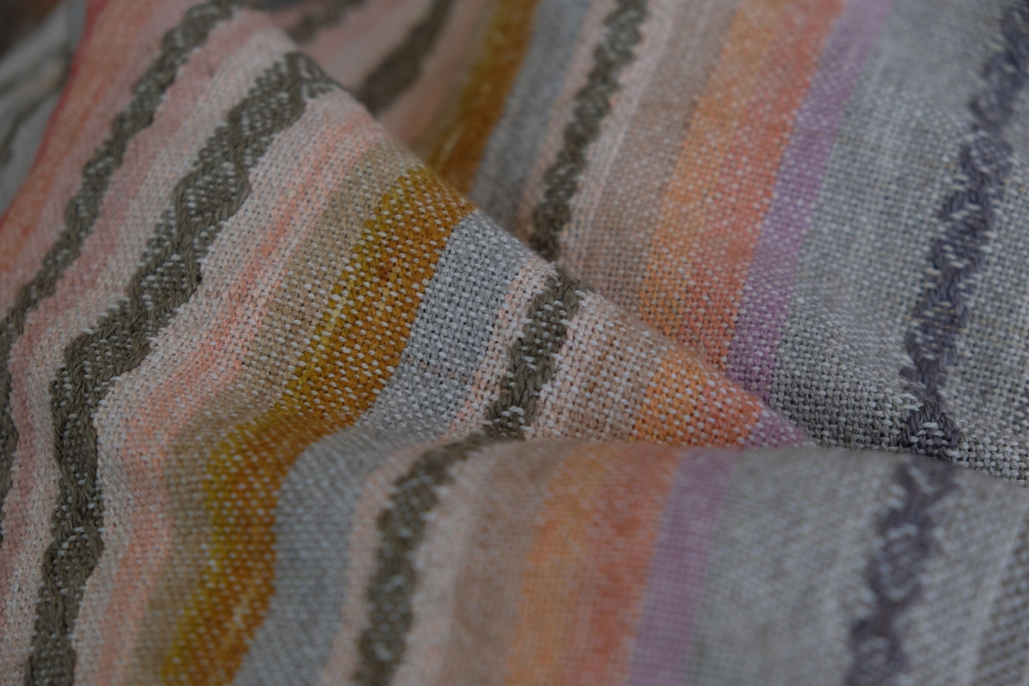 Details of a handwoven shawl in soft but brilliant naturally dyed shades of gray, yellow, pink, salmon, orange, green and purple. The shawl is designed with small stripes of all these colors, and pattern-texture woven details, also of tiny stripes