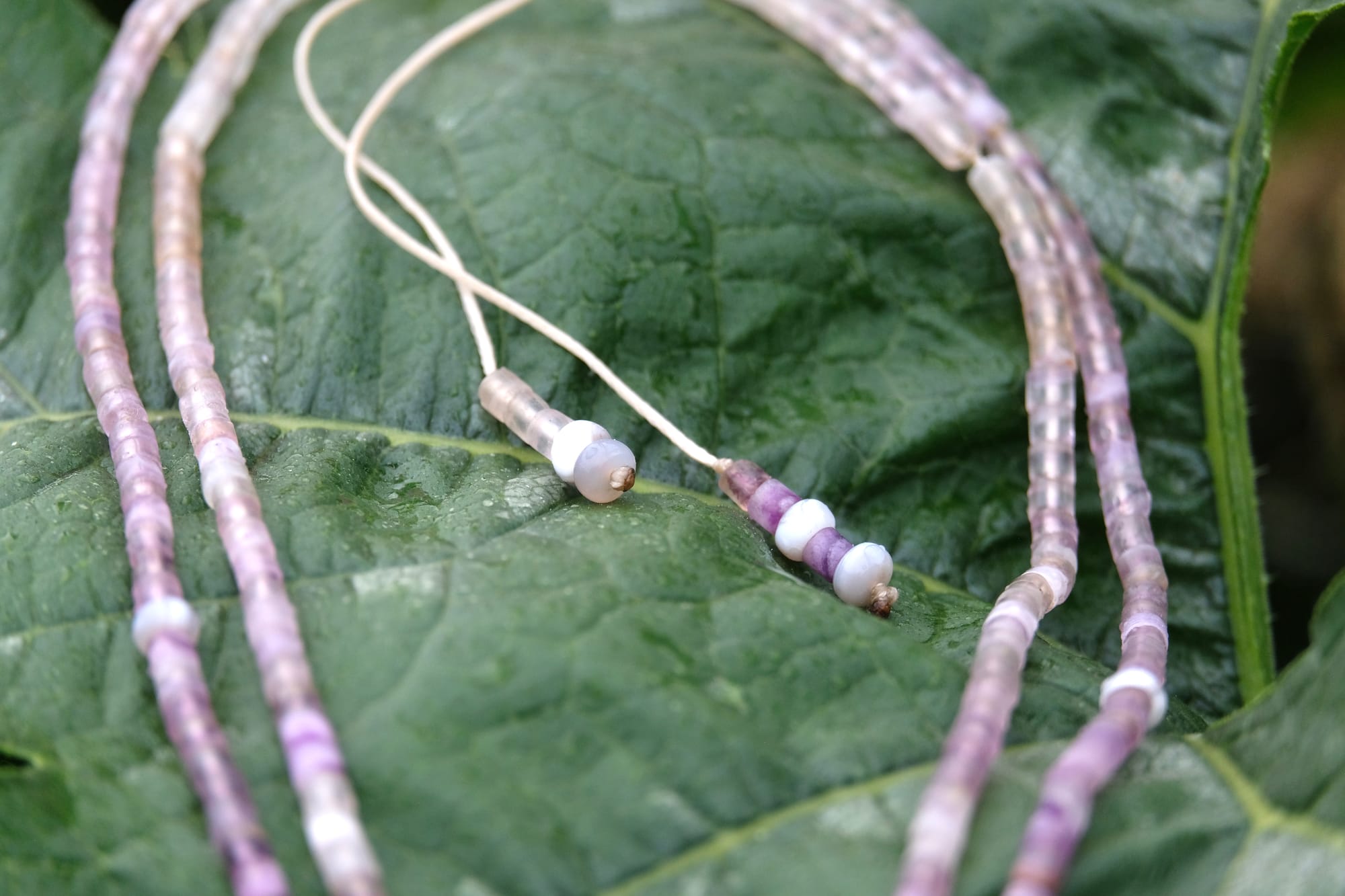 A beaded necklace made of purple fluorite, gray quartz and a clear quartz crystal rests on a large deep green squash leaf