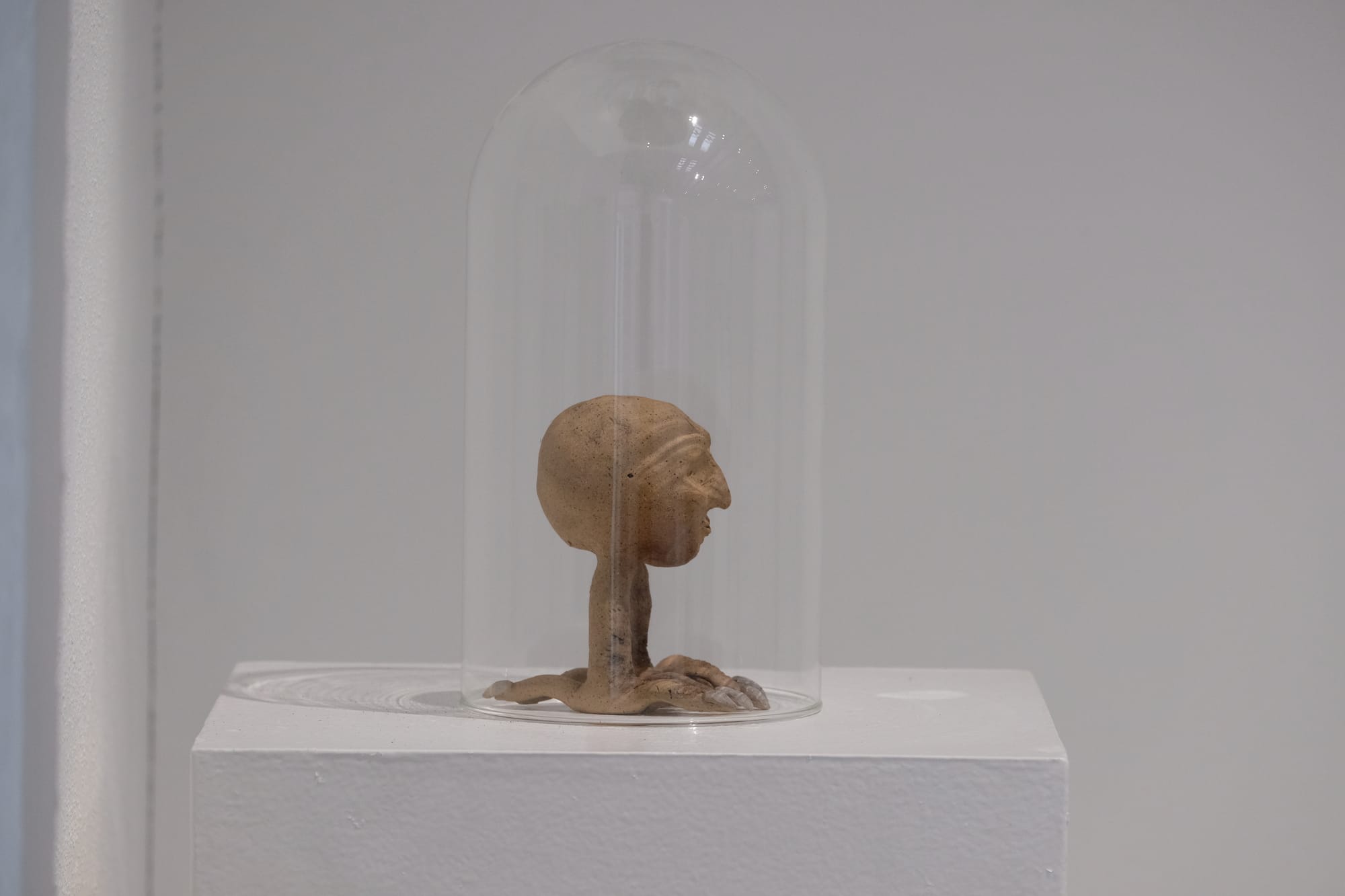 A small clay sculpture of a human head with raven legs. The clay is tan with dark speckles, the toenails of the creature are painted white