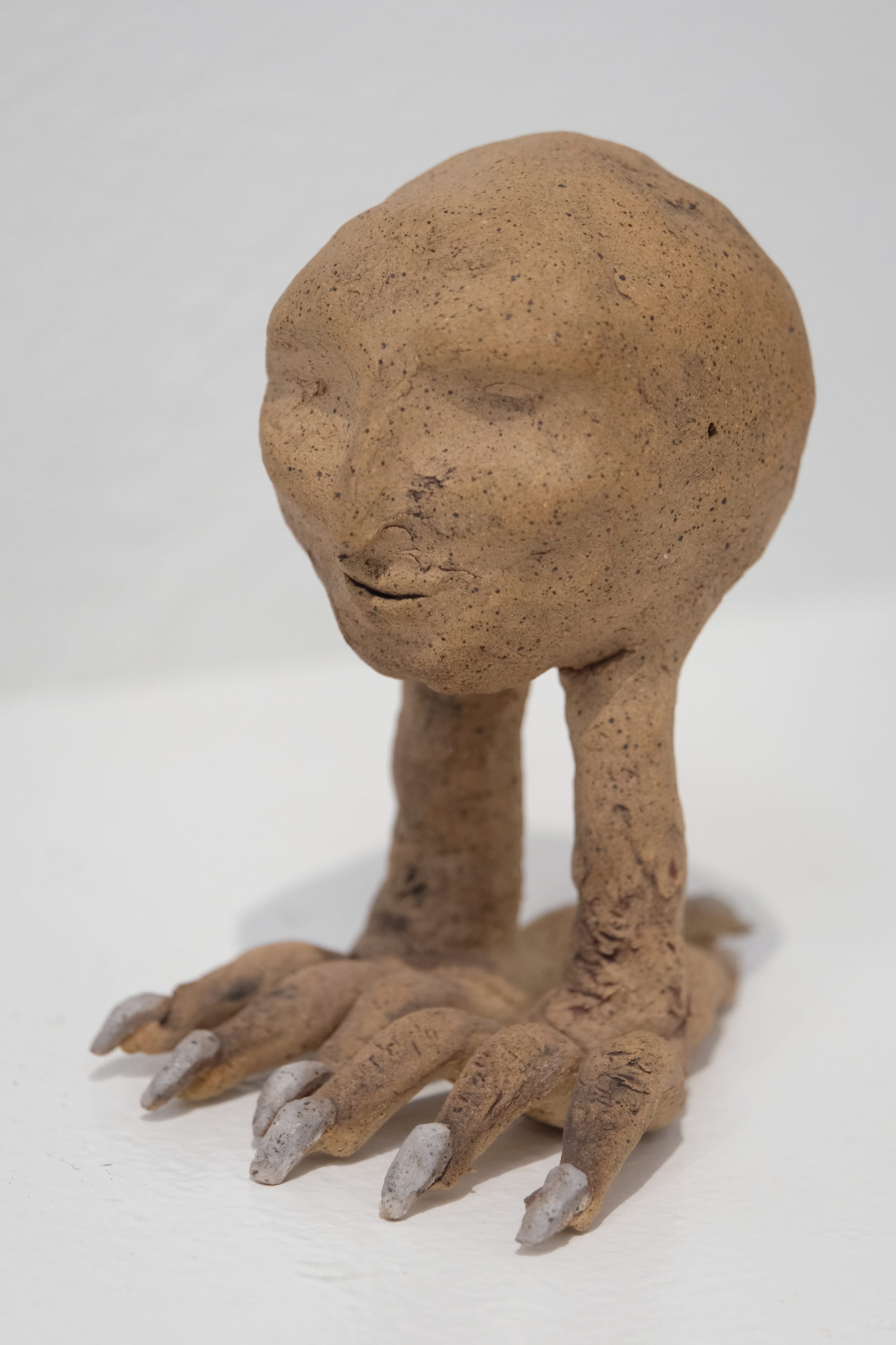 A small clay sculpture of a human head with raven legs. The clay is tan with dark speckles, the toenails of the creature are painted white