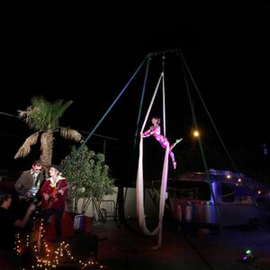 Woman wearing multicolored harlequin costume doing aerial acrobatics while two people play music in front.