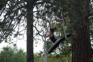 Woman wearing a black unitard doing aerial silks with white fabric in a tree