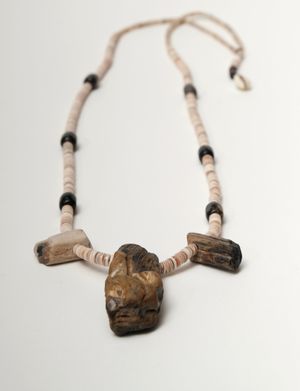 tan and brown shell, black fossil and earth tone petrified wood necklace laying on a white backdrop 